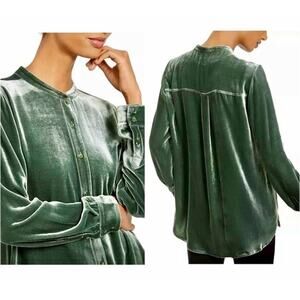 EILEEN FISHER Mandarin Collar Green Velvet Button up Shirt sz XL